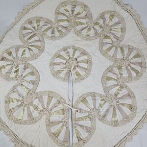 Vintage Patchwork Christmas Tree Skirt Quilted Chrochet Large Gold Lame